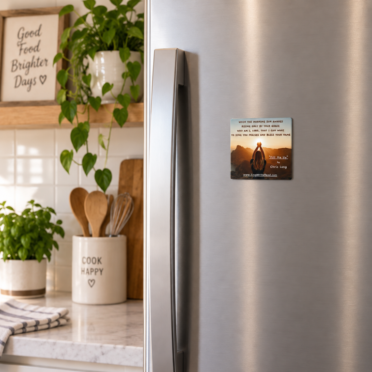 Fill Me Up Christian lyric magnet displayed on a stainless steel refrigerator
